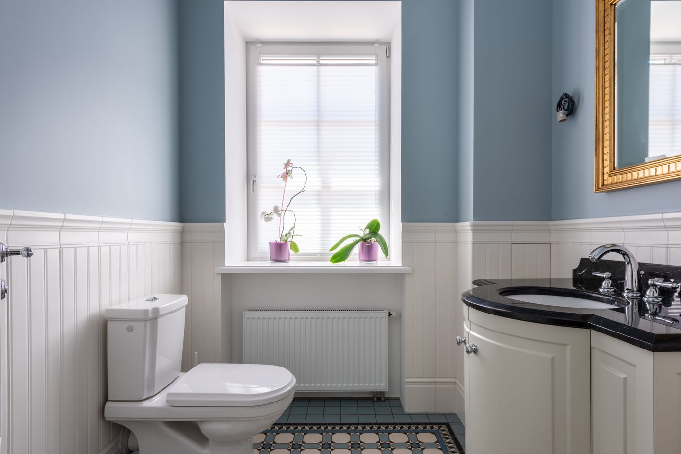 Bathroom with blue walls, white panelling, a toilet and a radiator under a tall window