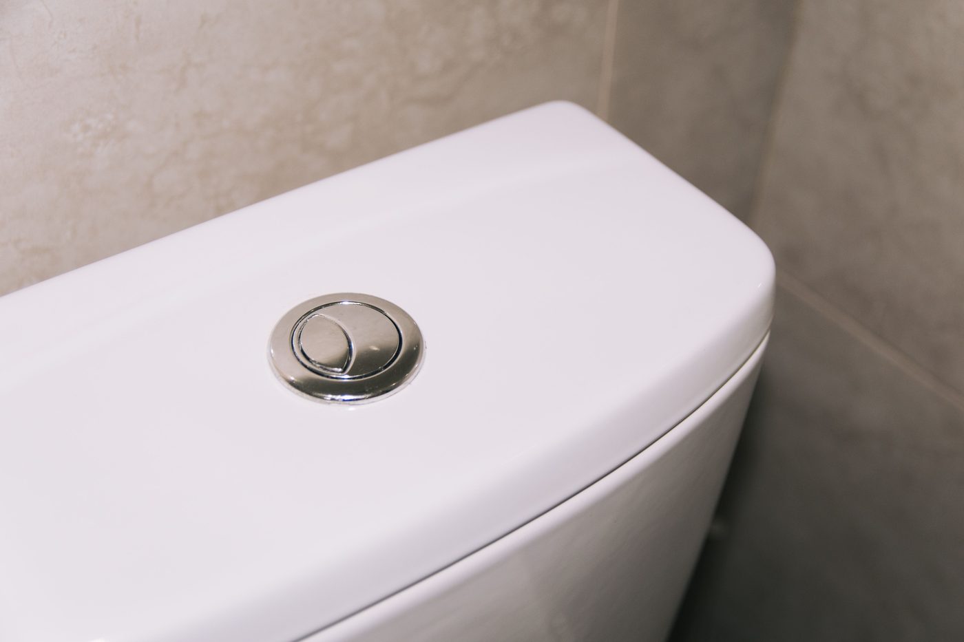 Close up of a white toilet cistern with a chrome dual flush button